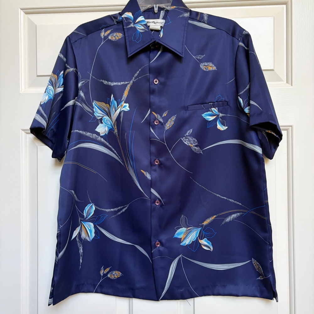 Vintage Tori Richard Mens Navy Blue Floral Satin Aloha Shirt Hawaiian USA Size M